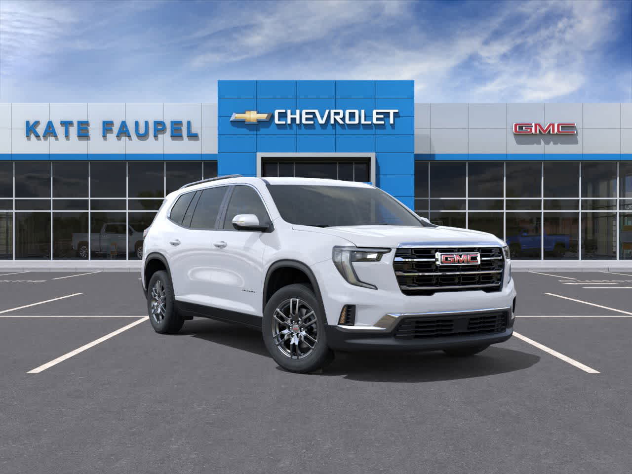 2025 GMC Acadia Elevation in Summit White — front three-quarter view