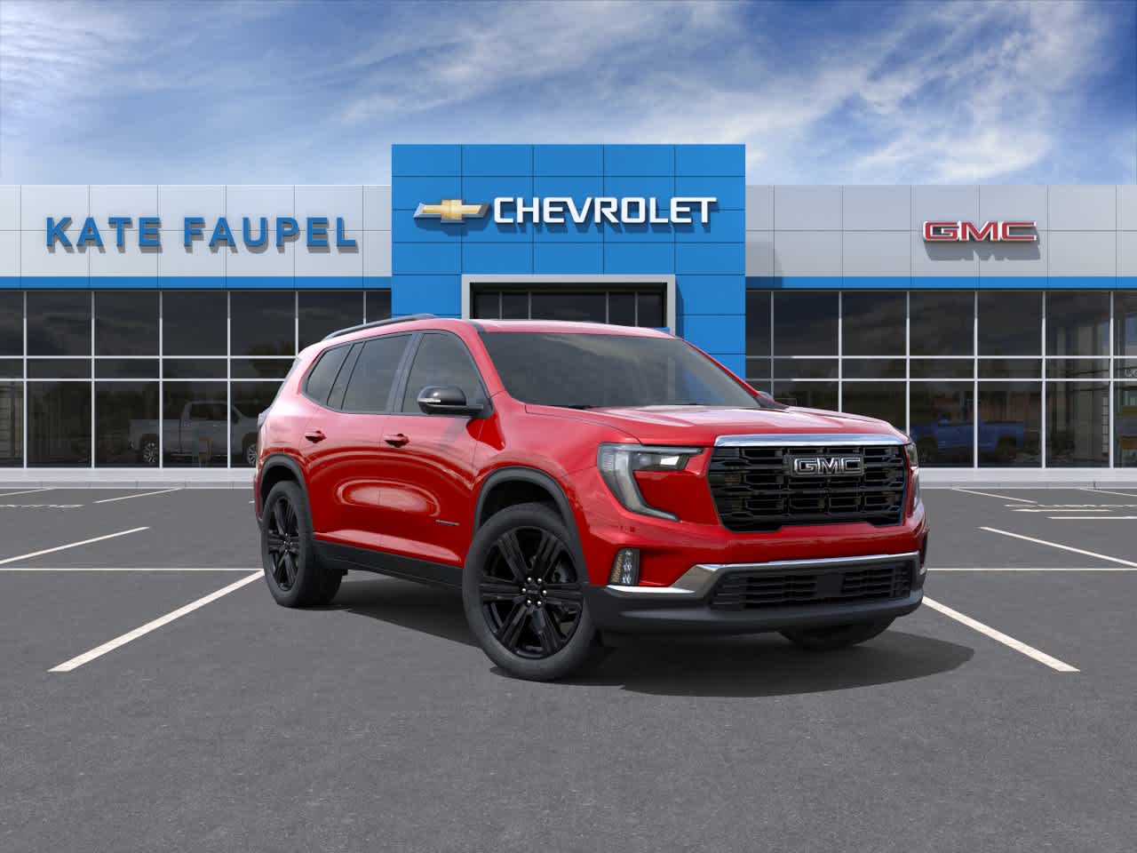 2026 GMC Acadia Elevation in Volcanic Red Tintcoat — front three-quarter view