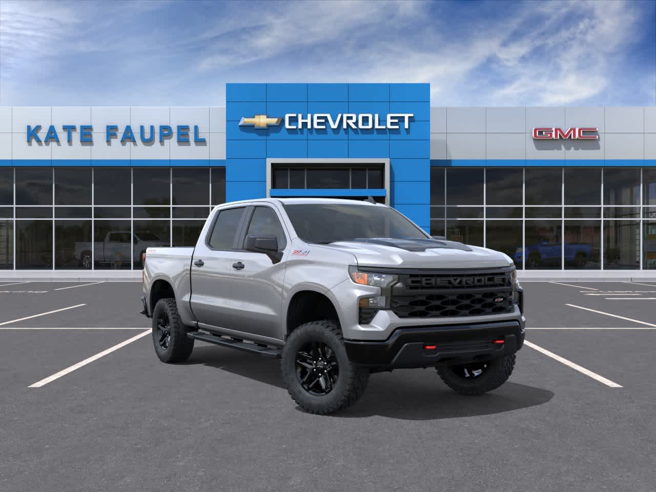 2026 Chevrolet Silverado 1500 Custom Trail Boss in Sterling Gray Metallic — front three-quarter view