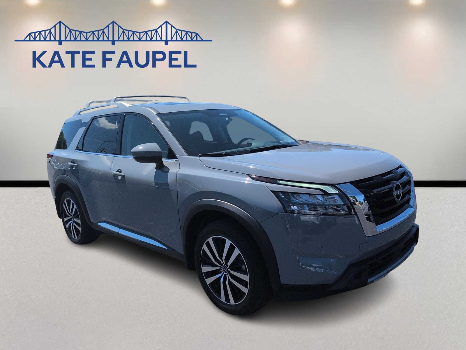2025 Nissan Pathfinder Platinum in Gray — front three-quarter view