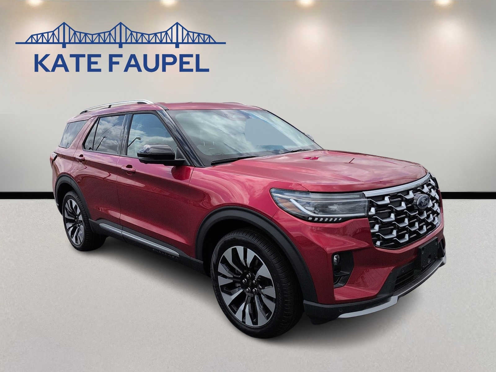 2026 Ford Explorer Platinum in Rapid Red Metallic Tinted Clearcoat — front three-quarter view