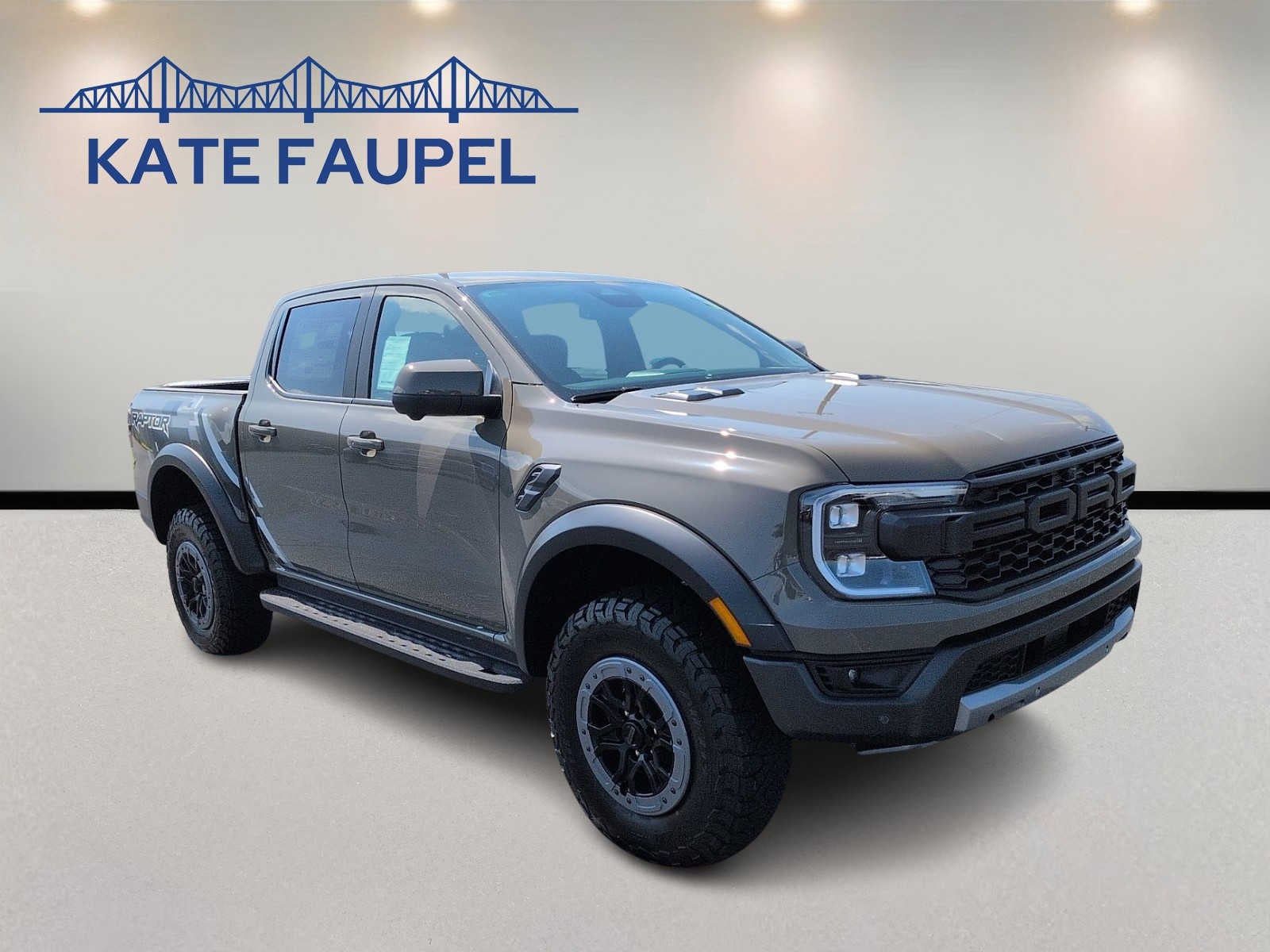 2026 Ford Ranger Raptor in Marsh Gray — front three-quarter view